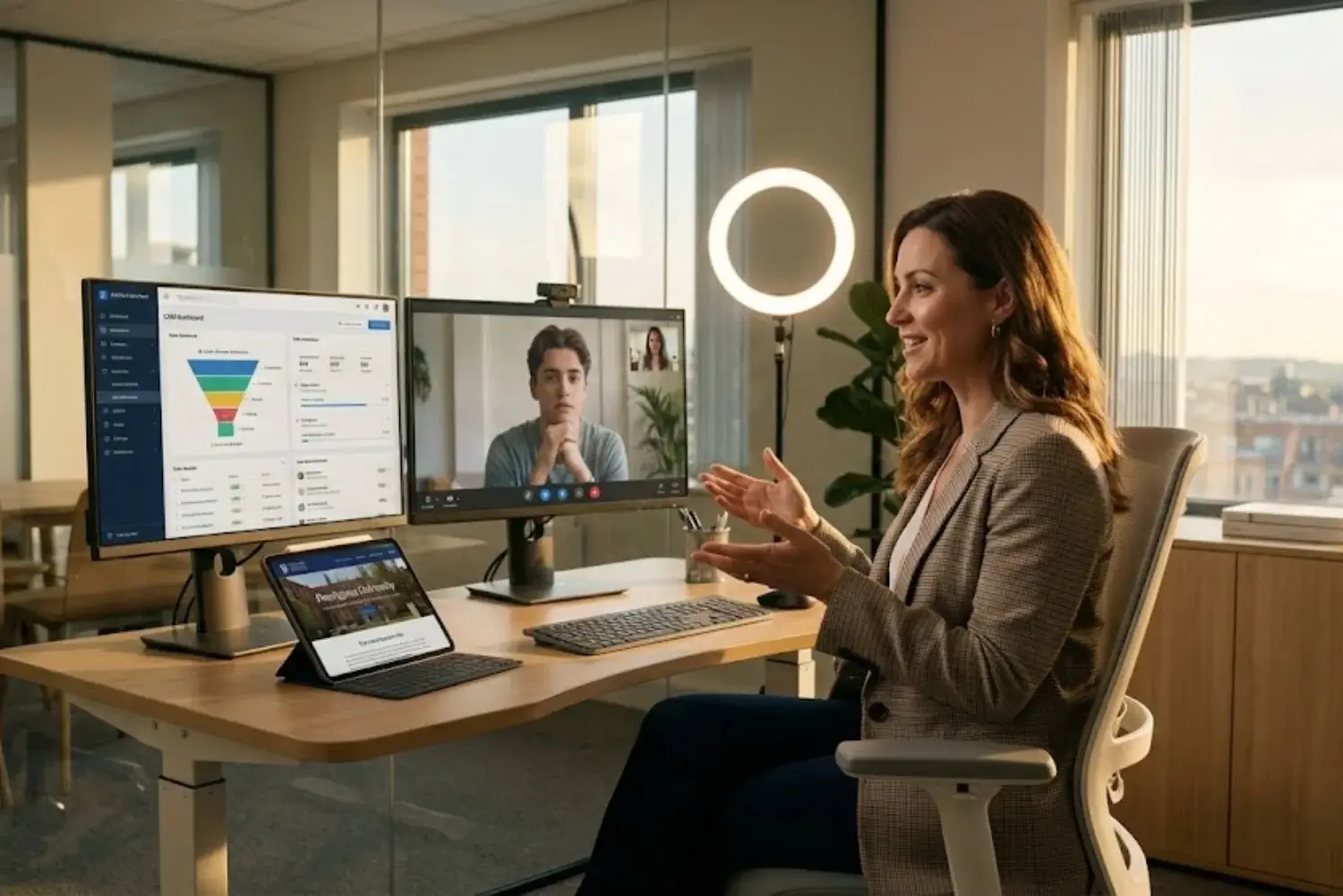Franquia de Intercâmbio sendo fechada em videochamada de trabalho em um escritório moderno, com múltiplos monitores exibindo um funil de vendas e participantes.